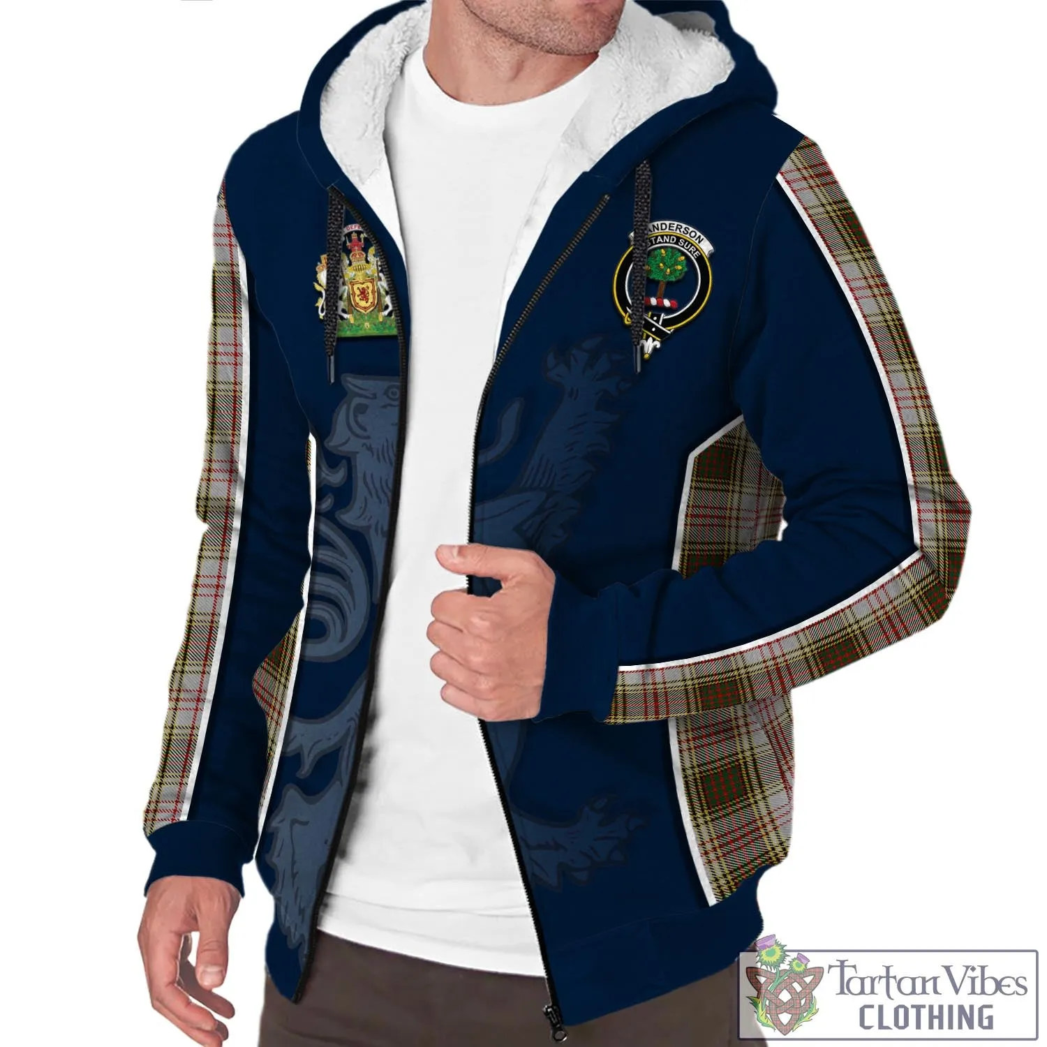 Anderson Dress Tartan Sherpa Hoodie with Family Crest and Lion Rampant Vibes Sport Style