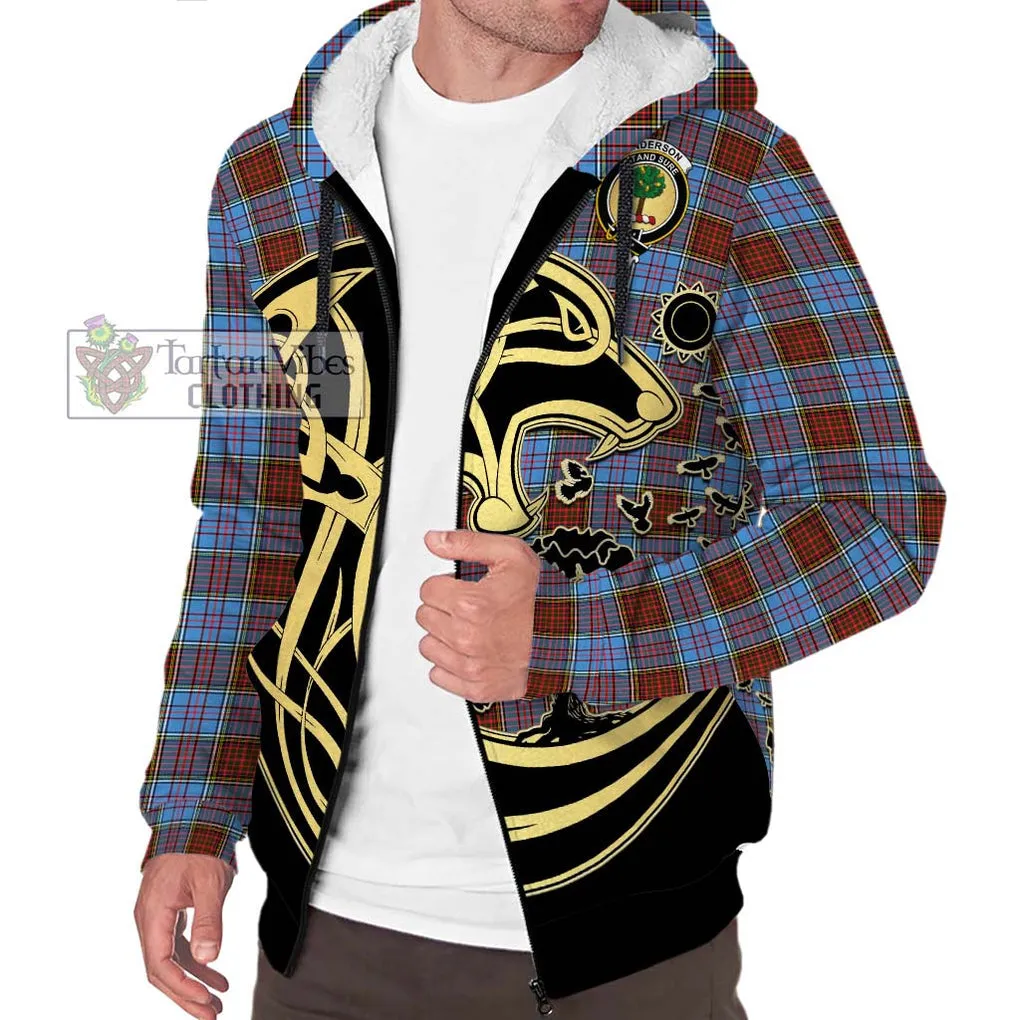 Anderson Modern Tartan Sherpa Hoodie with Family Crest Celtic Wolf Style