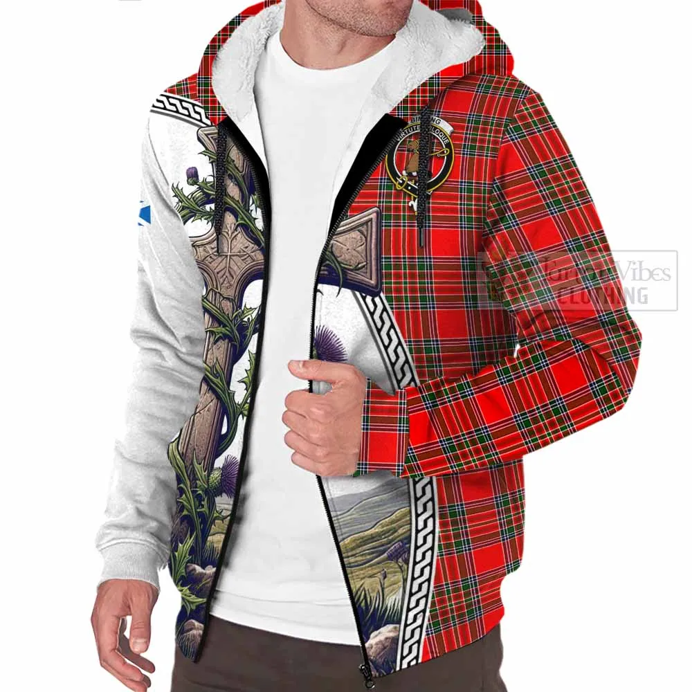 Binning Tartan Sherpa Hoodie with Family Crest and St. Andrew's Cross Accented by Thistle Vines