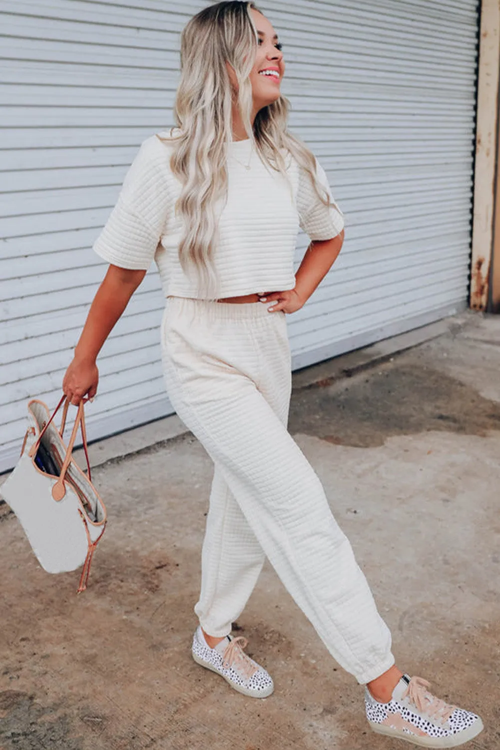 Black Textured Cropped Tee and Jogger Pants Set