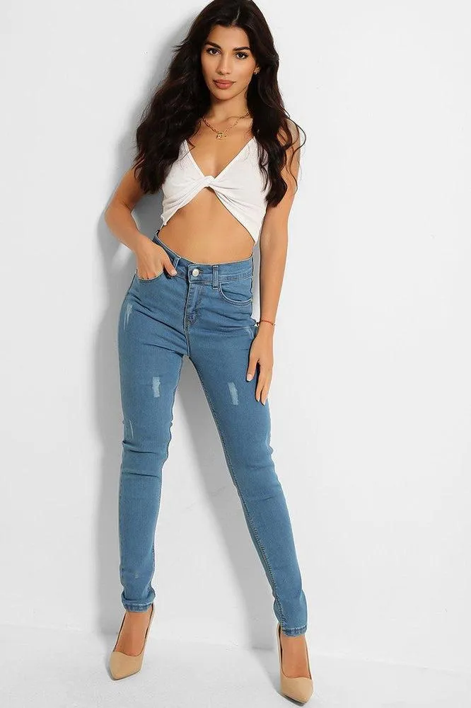 Blue Denim Distressed Front Classic Skinny Jeans