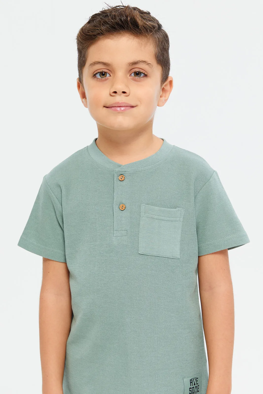 Boys Green Henley Short Sleeve T-Shirt