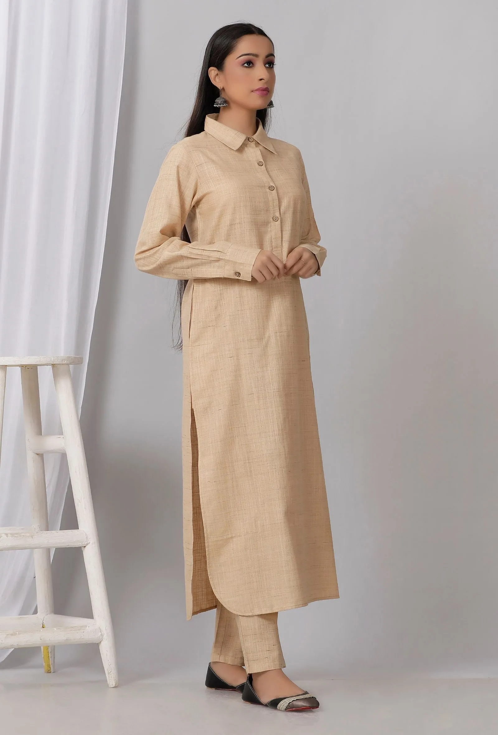 Brown Cotton Khadi Kurta With Collar