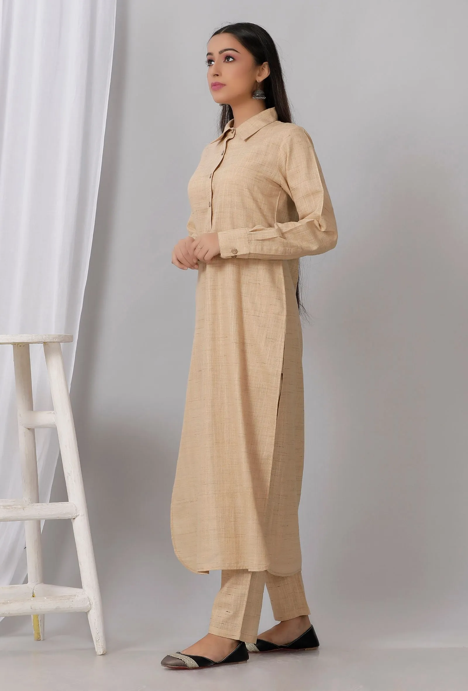 Brown Cotton Khadi Kurta With Collar