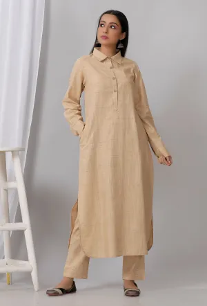 Brown Cotton Khadi Kurta With Collar