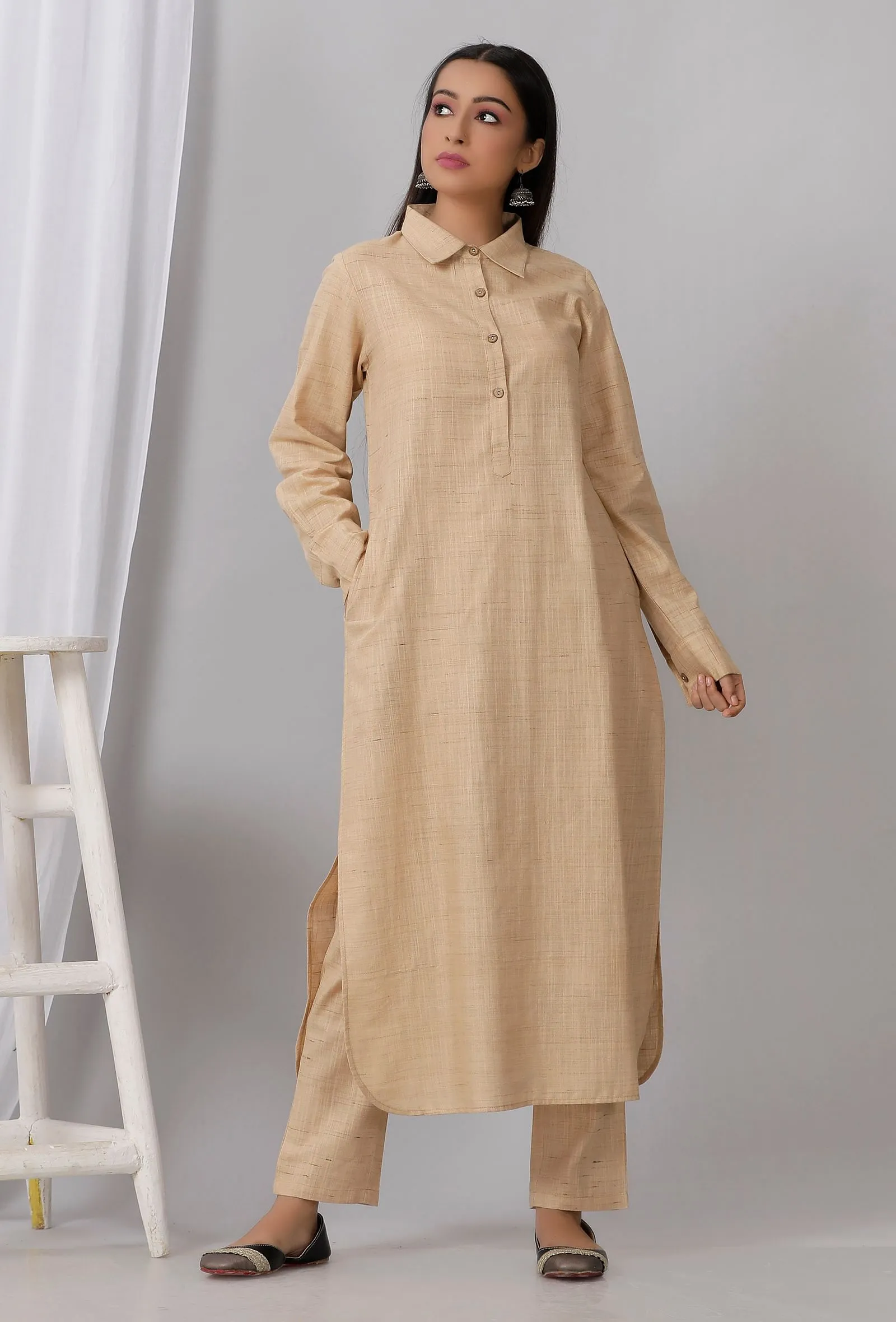 Brown Cotton Khadi Kurta With Collar