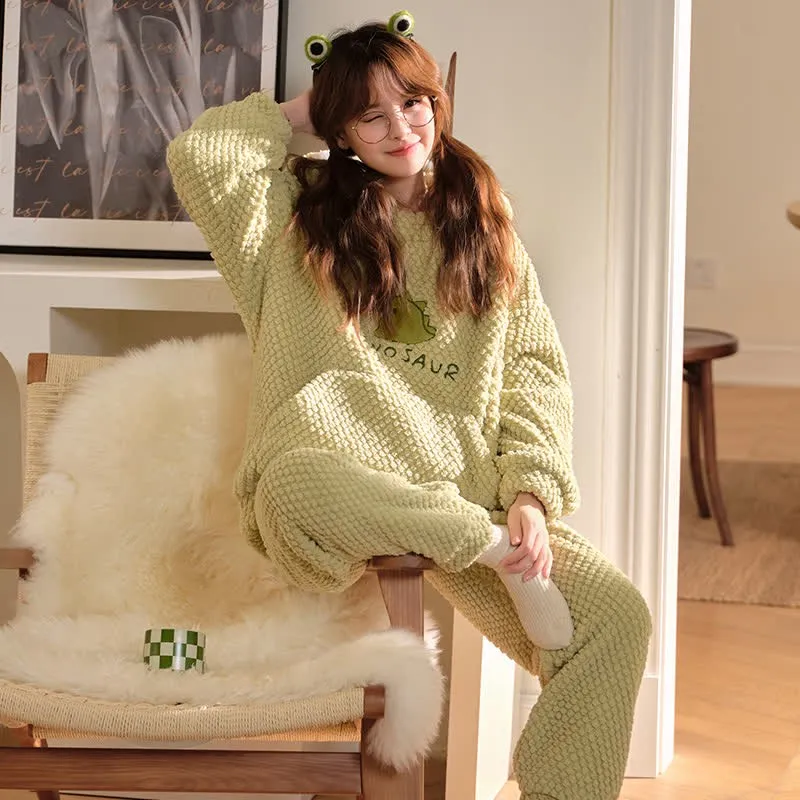 Cartoon Dinosaur Letter Plush Hooded Pajamas Set