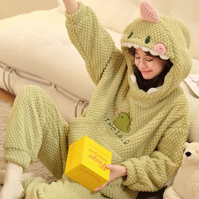 Cartoon Dinosaur Letter Plush Hooded Pajamas Set