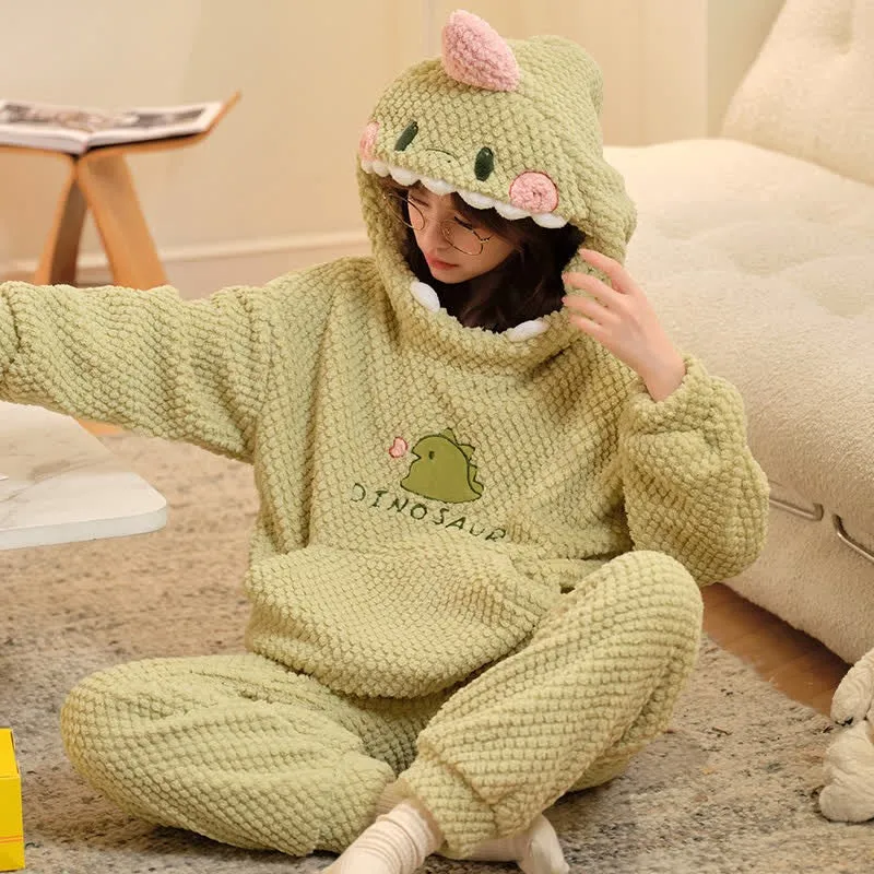 Cartoon Dinosaur Letter Plush Hooded Pajamas Set