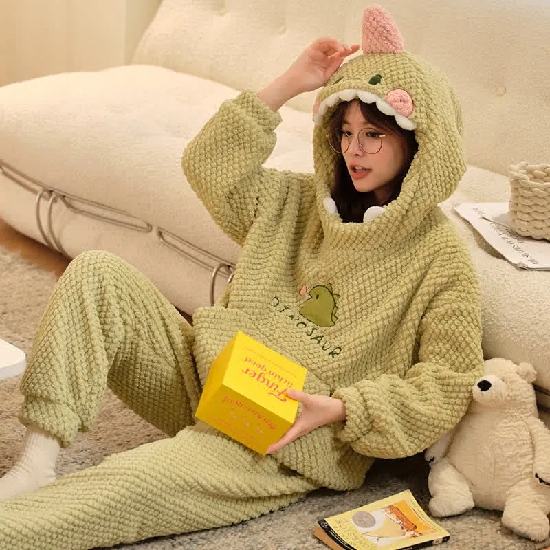 Cartoon Dinosaur Letter Plush Hooded Pajamas Set