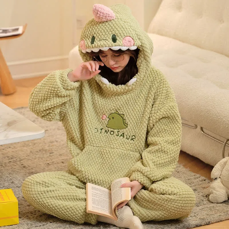 Cartoon Dinosaur Letter Plush Hooded Pajamas Set