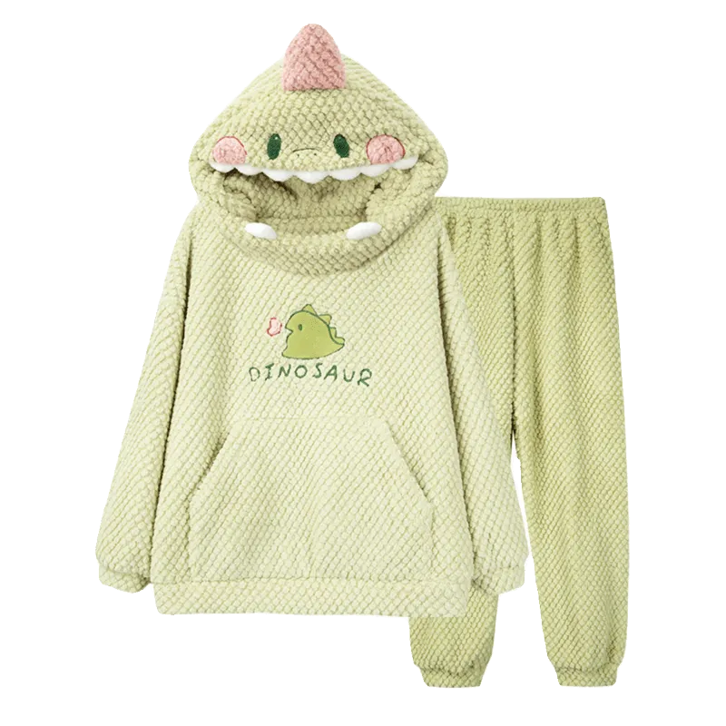 Cartoon Dinosaur Letter Plush Hooded Pajamas Set