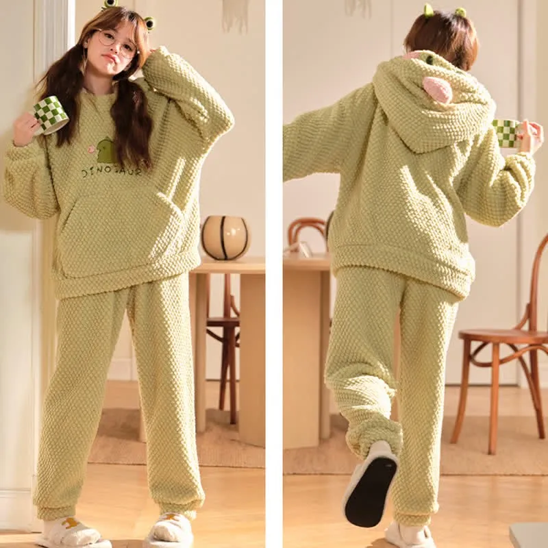 Cartoon Dinosaur Letter Plush Hooded Pajamas Set