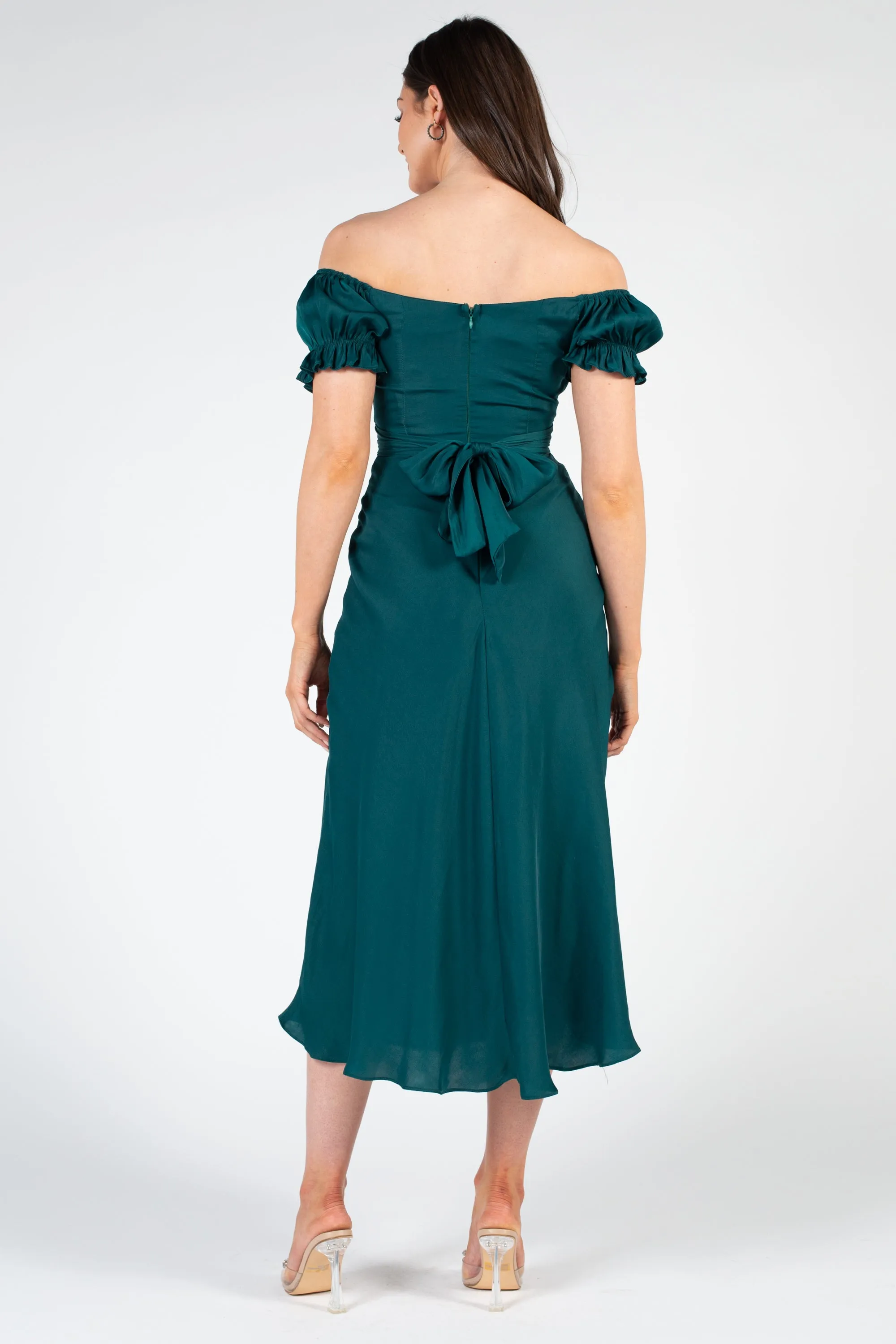 Cindy Satin Off-The-Shoulder Midi Dress