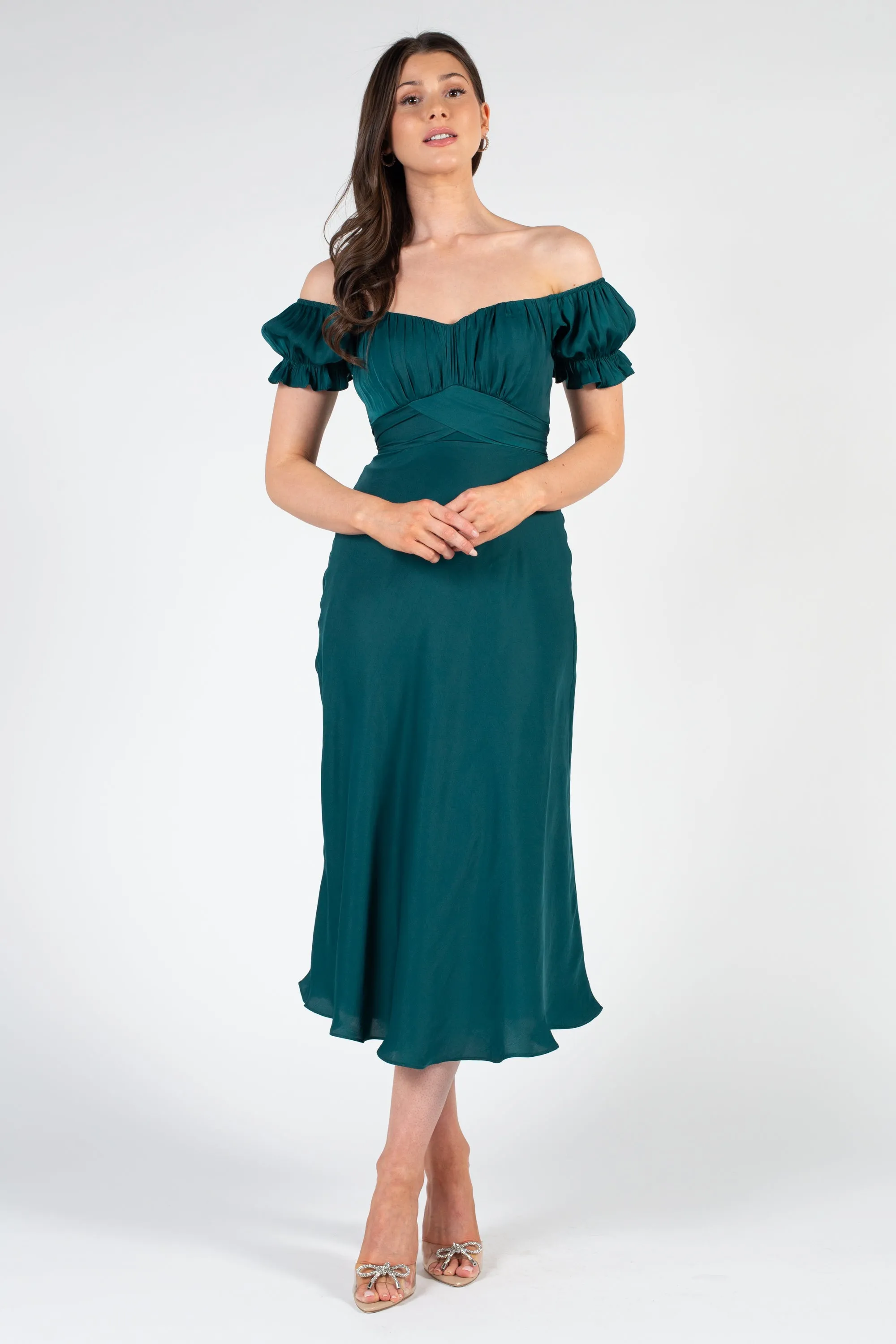 Cindy Satin Off-The-Shoulder Midi Dress