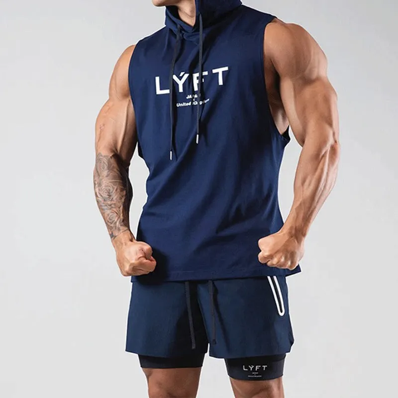 COTTON SLEEVELESS MEN’S WORKOUT FITNESS HOODED TANK TOP