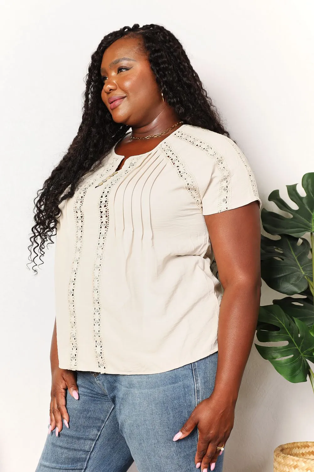 Double Take Crochet Buttoned Short Sleeves Top