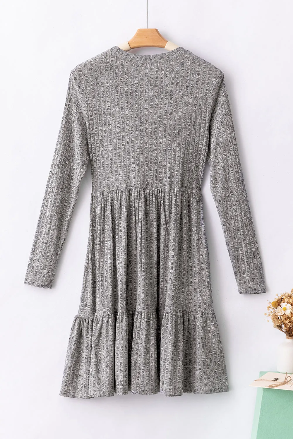 Gray Pinstriped Textured Ruffled A-line Midi Dress