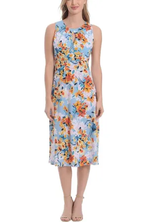 London Times Printed Sleeveless Versatile Empire A-line Keyhole Neckline Midi Dress