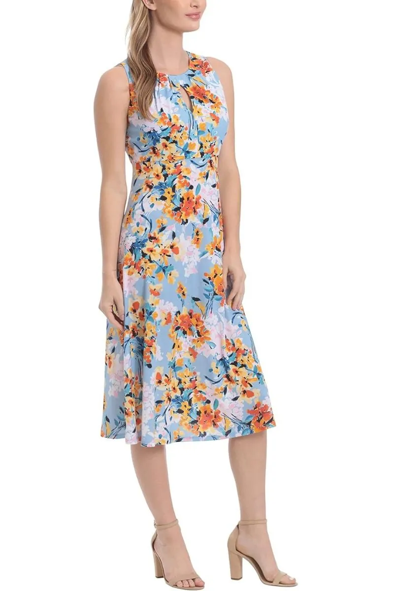 London Times Printed Sleeveless Versatile Empire A-line Keyhole Neckline Midi Dress