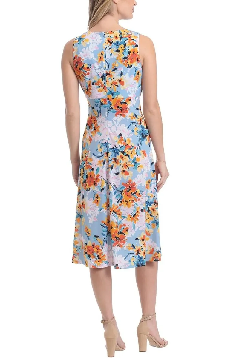 London Times Printed Sleeveless Versatile Empire A-line Keyhole Neckline Midi Dress