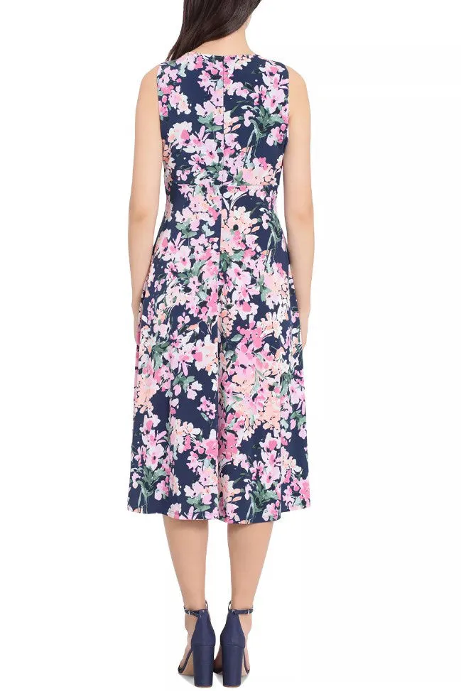 London Times Printed Sleeveless Versatile Empire A-line Keyhole Neckline Midi Dress