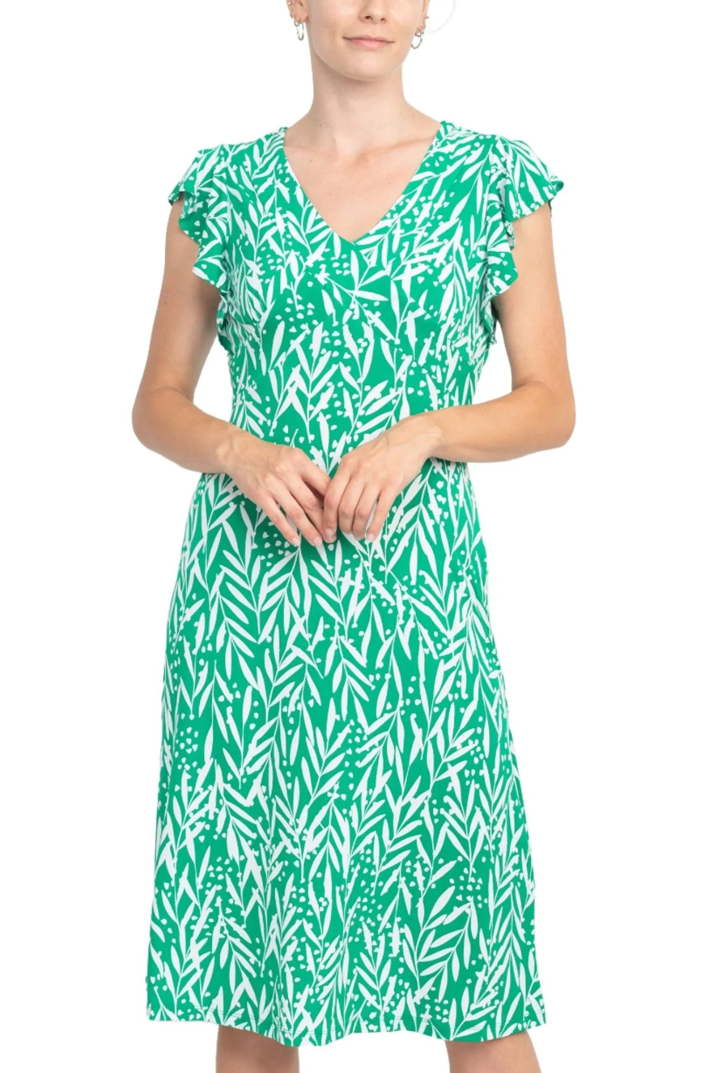 London Times V-Neck Ruffled Sleeve A-Line Jersey Dress