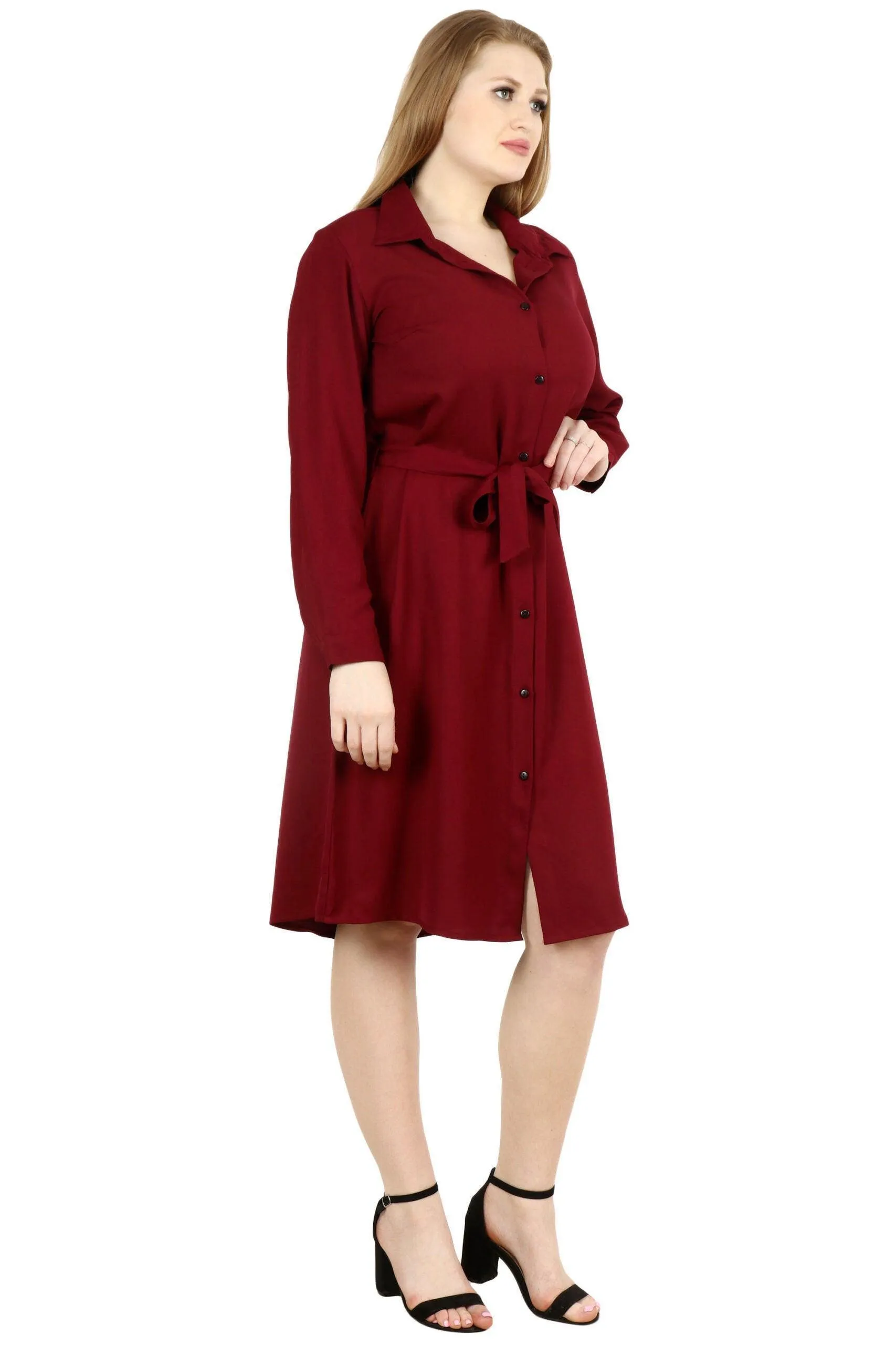 Maroon Solid Buttoned Dress