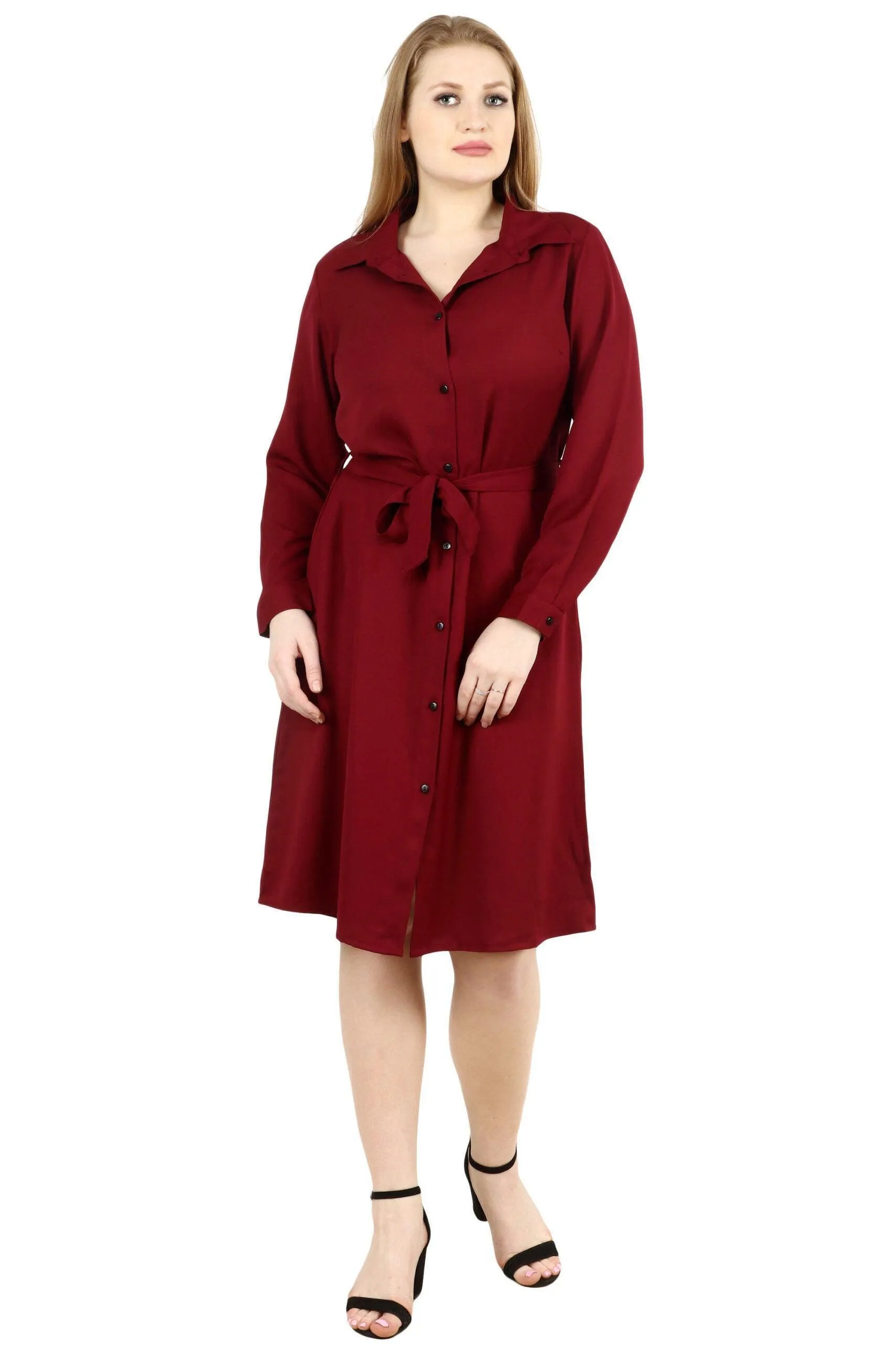 Maroon Solid Buttoned Dress