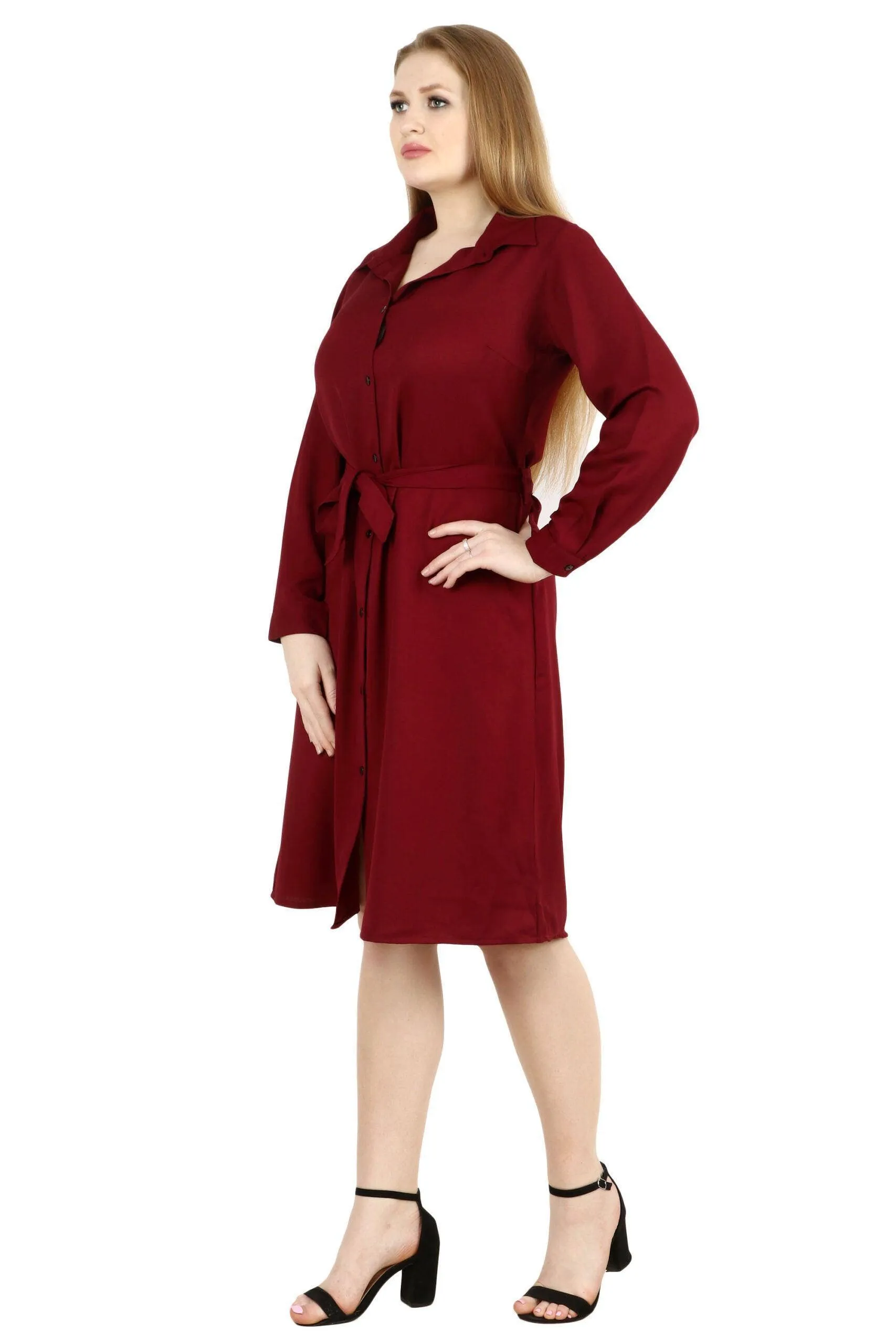 Maroon Solid Buttoned Dress