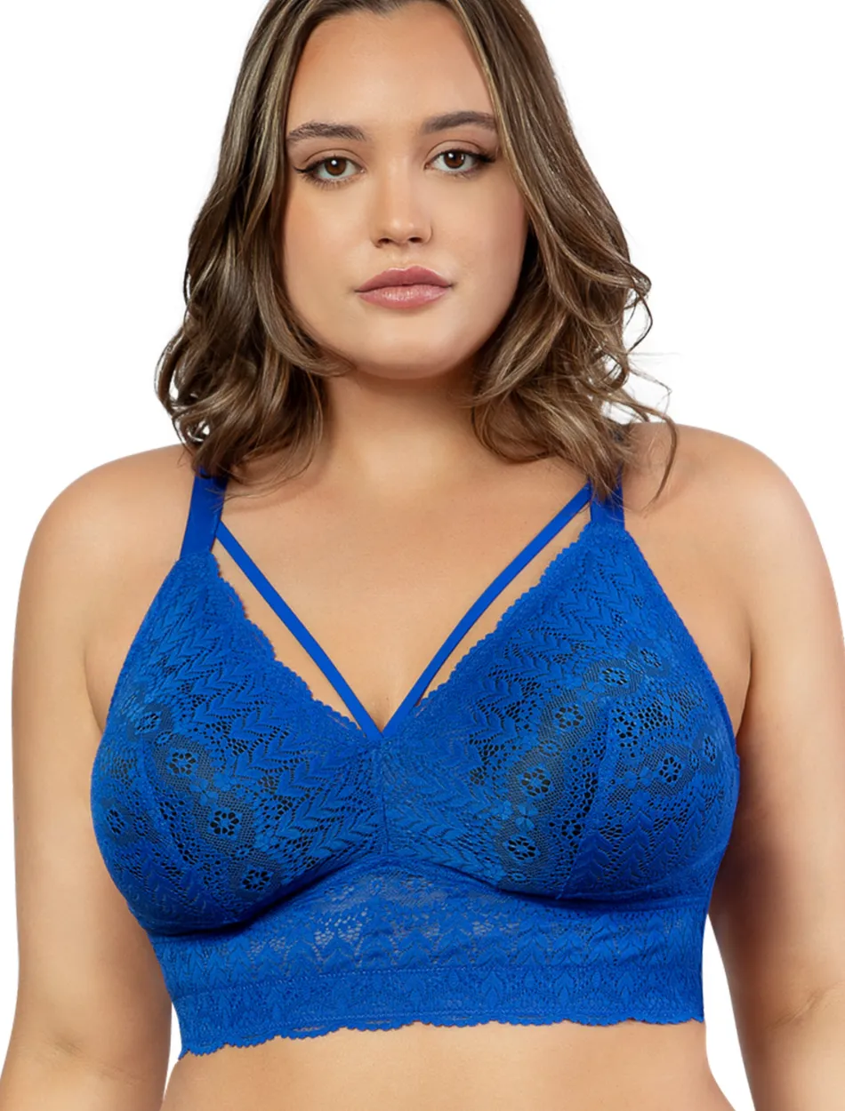 Parfait Mia Lace Dot Bra Wirefree Padded Mesh Bralette, Sapphire | Blue Lace Bralette Bra | Lace Longline Bras