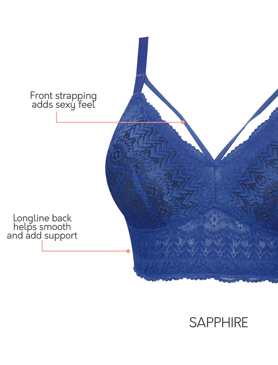 Parfait Mia Lace Dot Bra Wirefree Padded Mesh Bralette, Sapphire | Blue Lace Bralette Bra | Lace Longline Bras