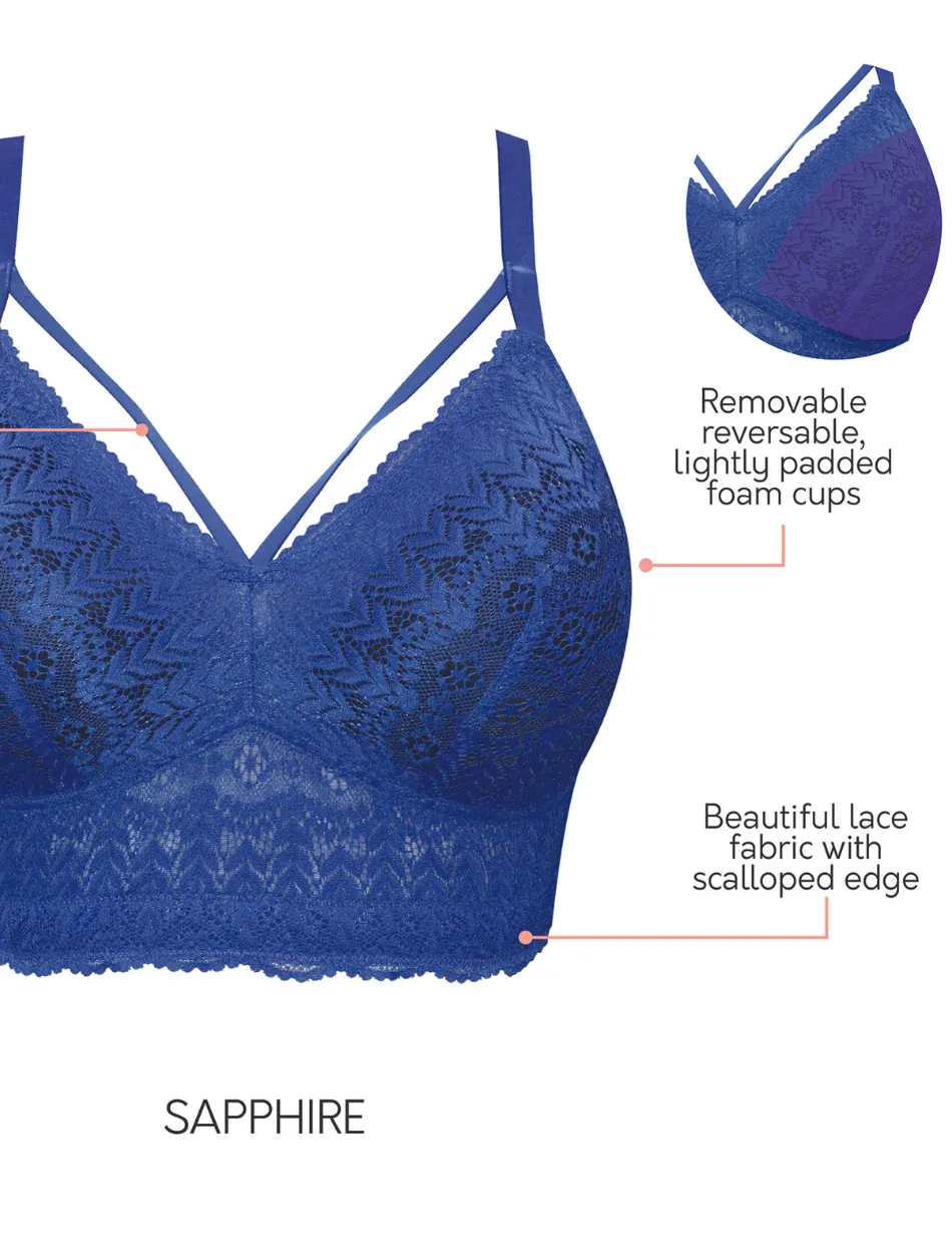 Parfait Mia Lace Dot Bra Wirefree Padded Mesh Bralette, Sapphire | Blue Lace Bralette Bra | Lace Longline Bras