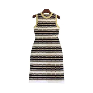 Pre Order:  Sleeveless Striped Waist Cinching Jacquard Knitted Dress