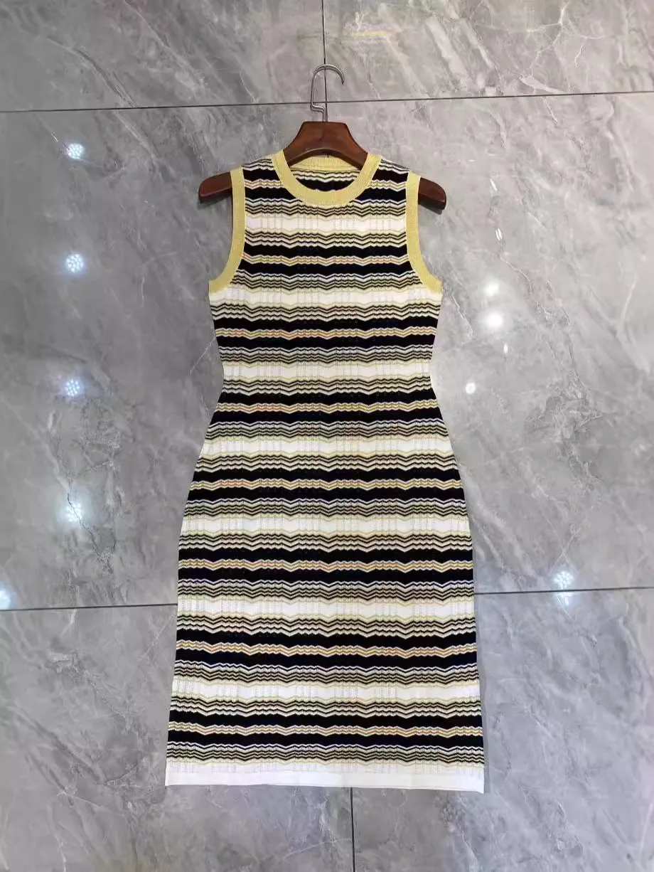 Pre Order:  Sleeveless Striped Waist Cinching Jacquard Knitted Dress