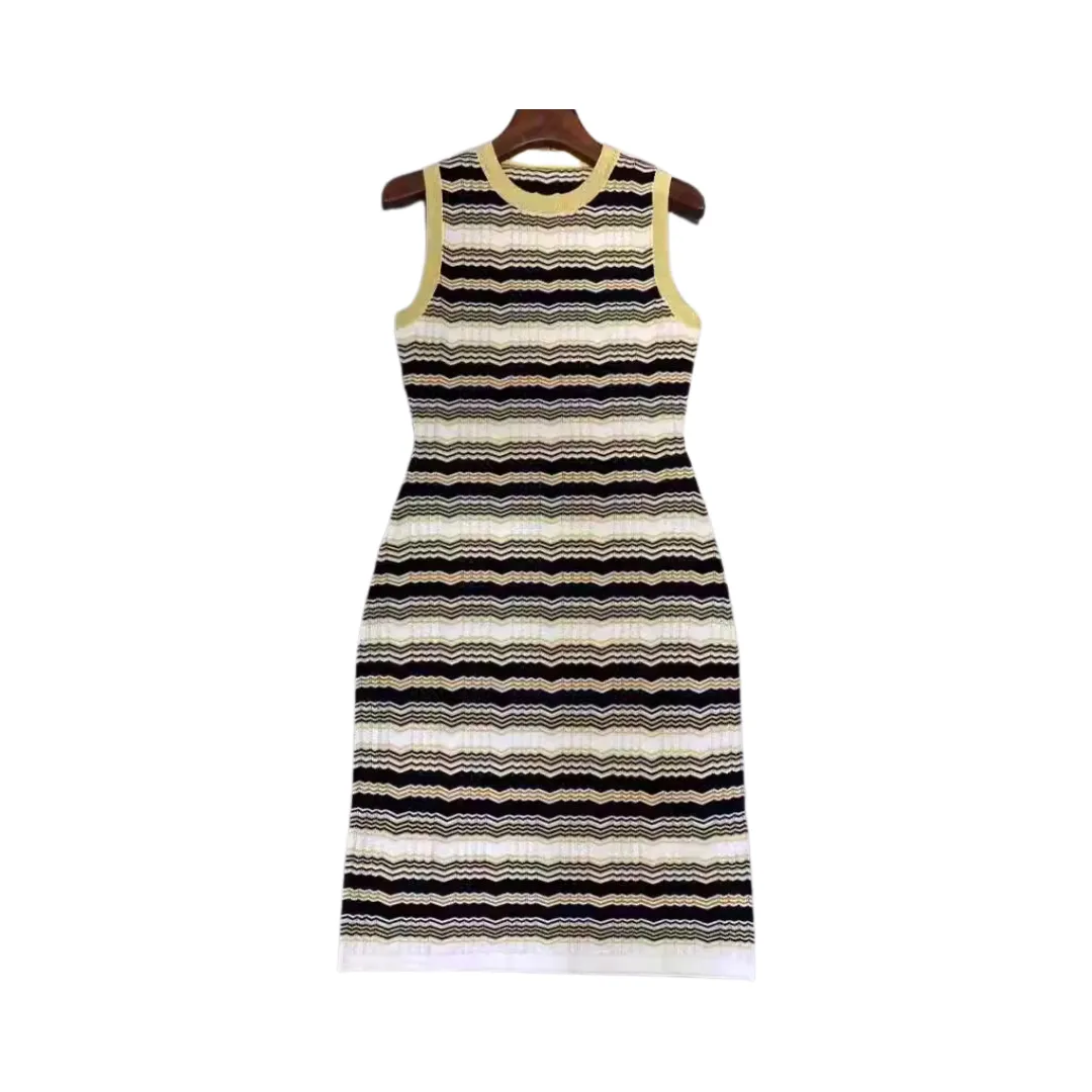 Pre Order:  Sleeveless Striped Waist Cinching Jacquard Knitted Dress