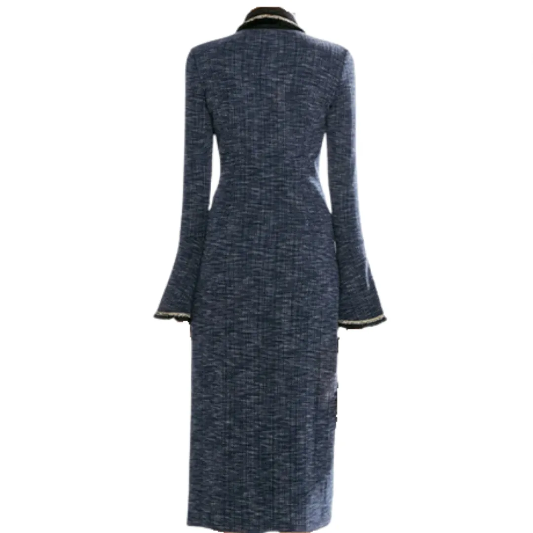 Pre Order: Tweed Collar Front Pockets Long Sleeve Midi Dress