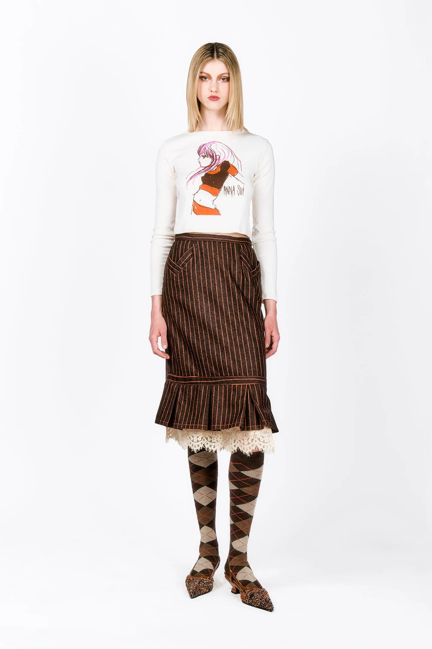 Railroad Stripe Lace Trimmed Skirt