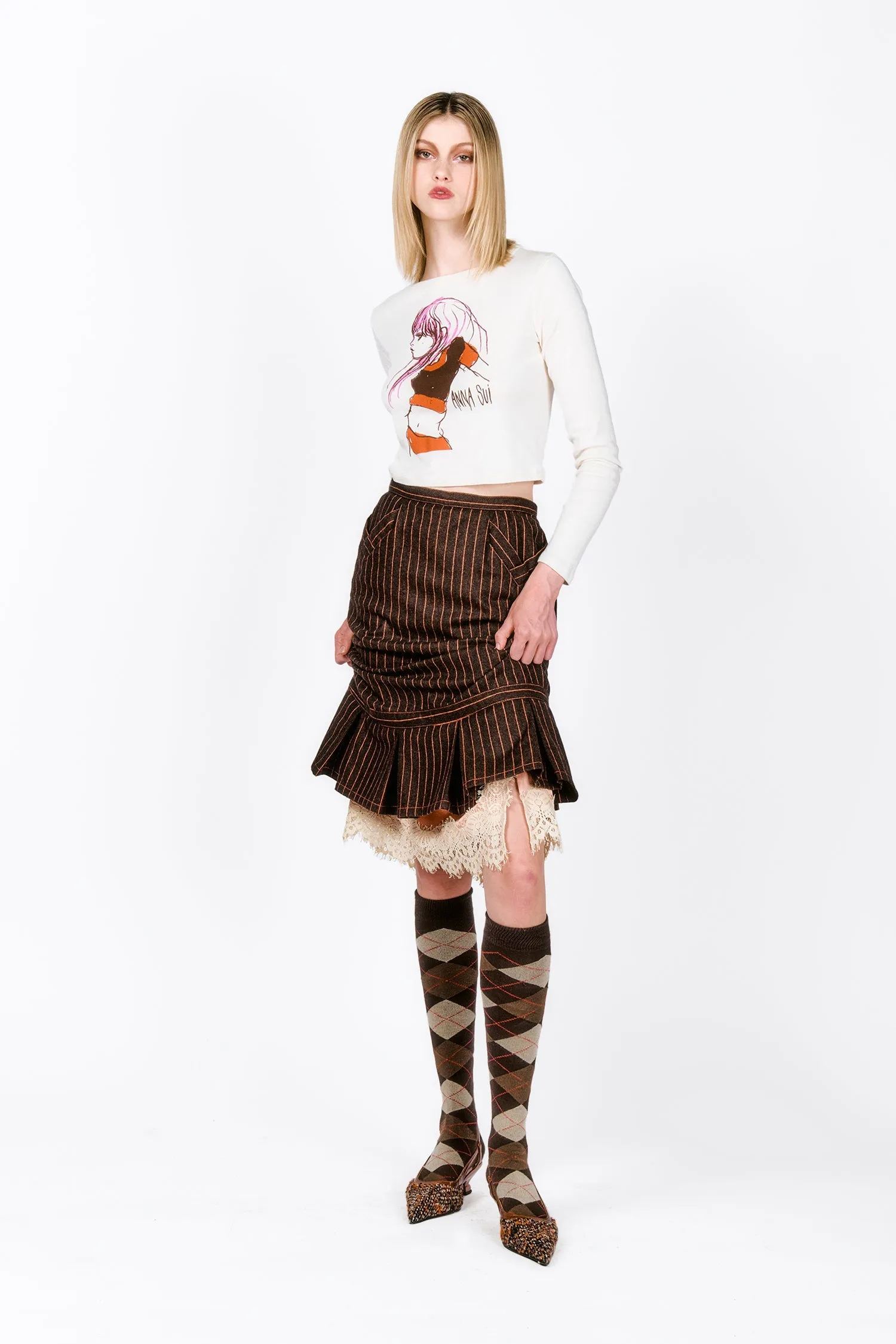 Railroad Stripe Lace Trimmed Skirt