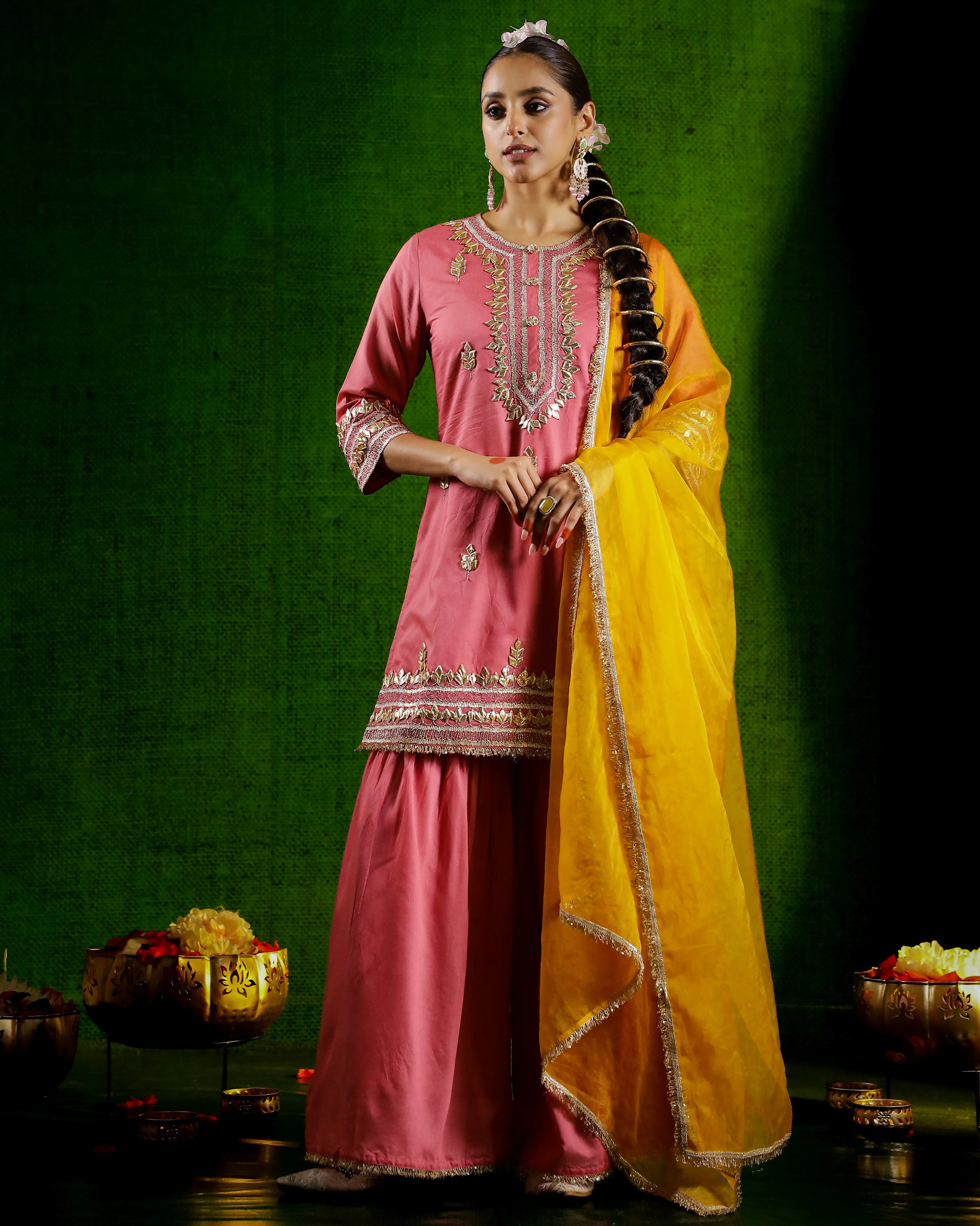 Salmon Pink Embellished Tissue Organza Silk Sharara Set