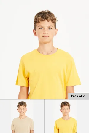 Senior Boys Beige And Yellow T-Shirt Set (Pack Of 2)