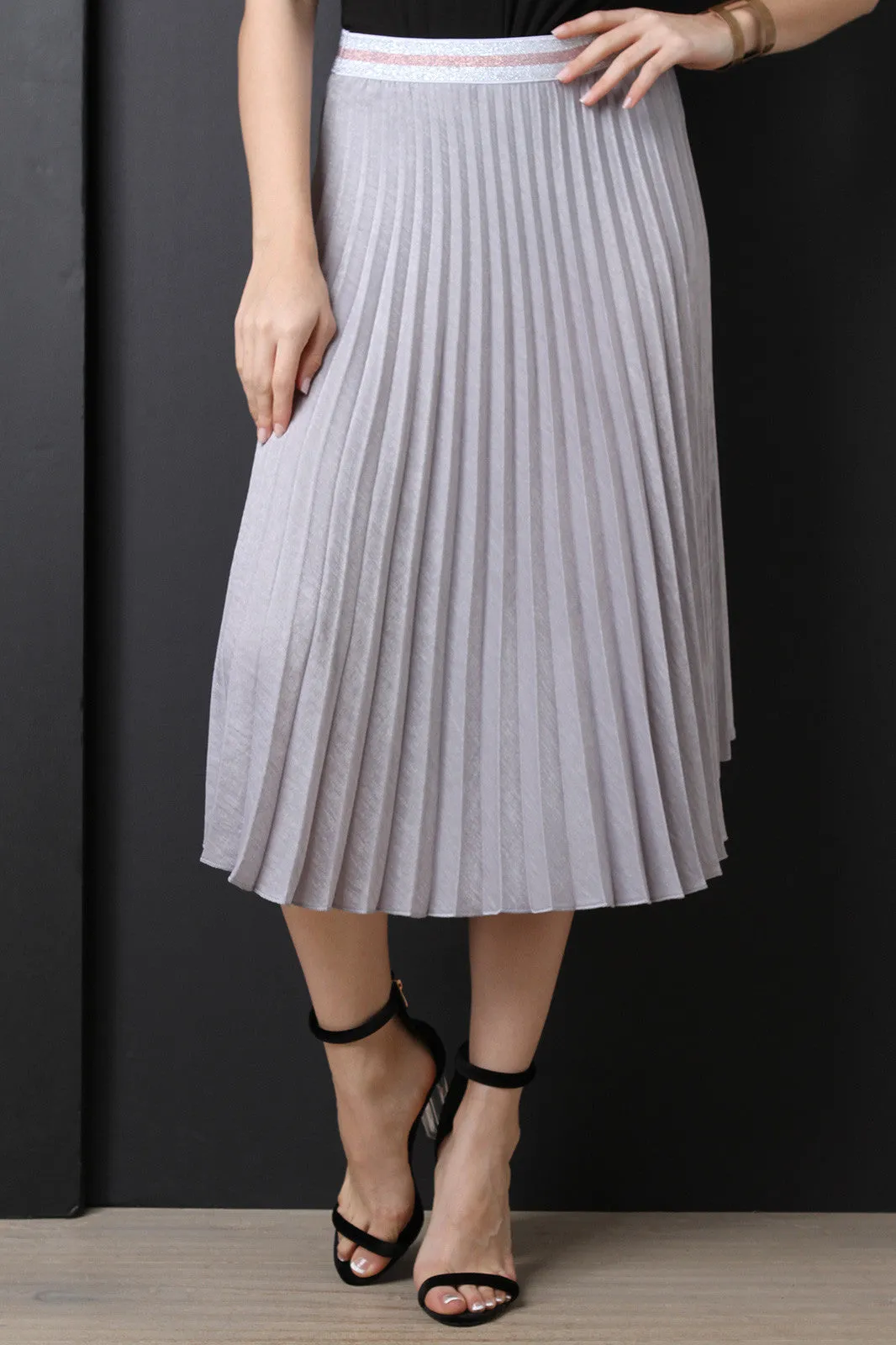 Silky High Waisted Pleated Midi Skirt