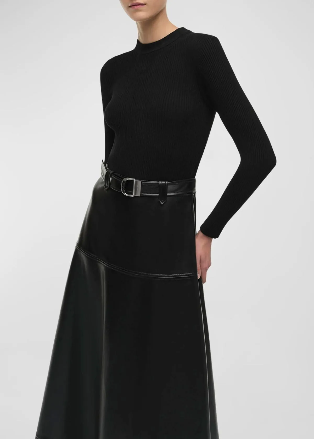 SIMKHAI Ulyssia Belted Knit and Faux Leather Dress - Black