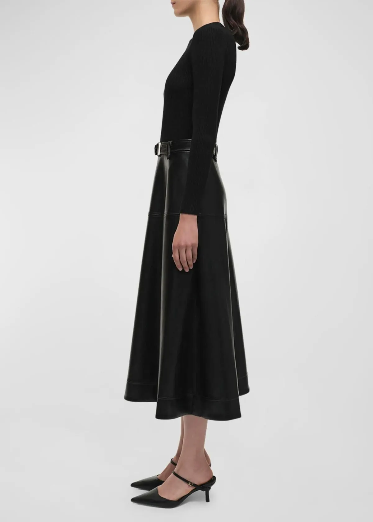 SIMKHAI Ulyssia Belted Knit and Faux Leather Dress - Black