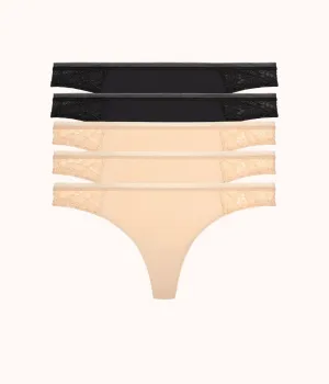 The Palm Lace Thong 5-Pack: Jet Black/Toasted Almond