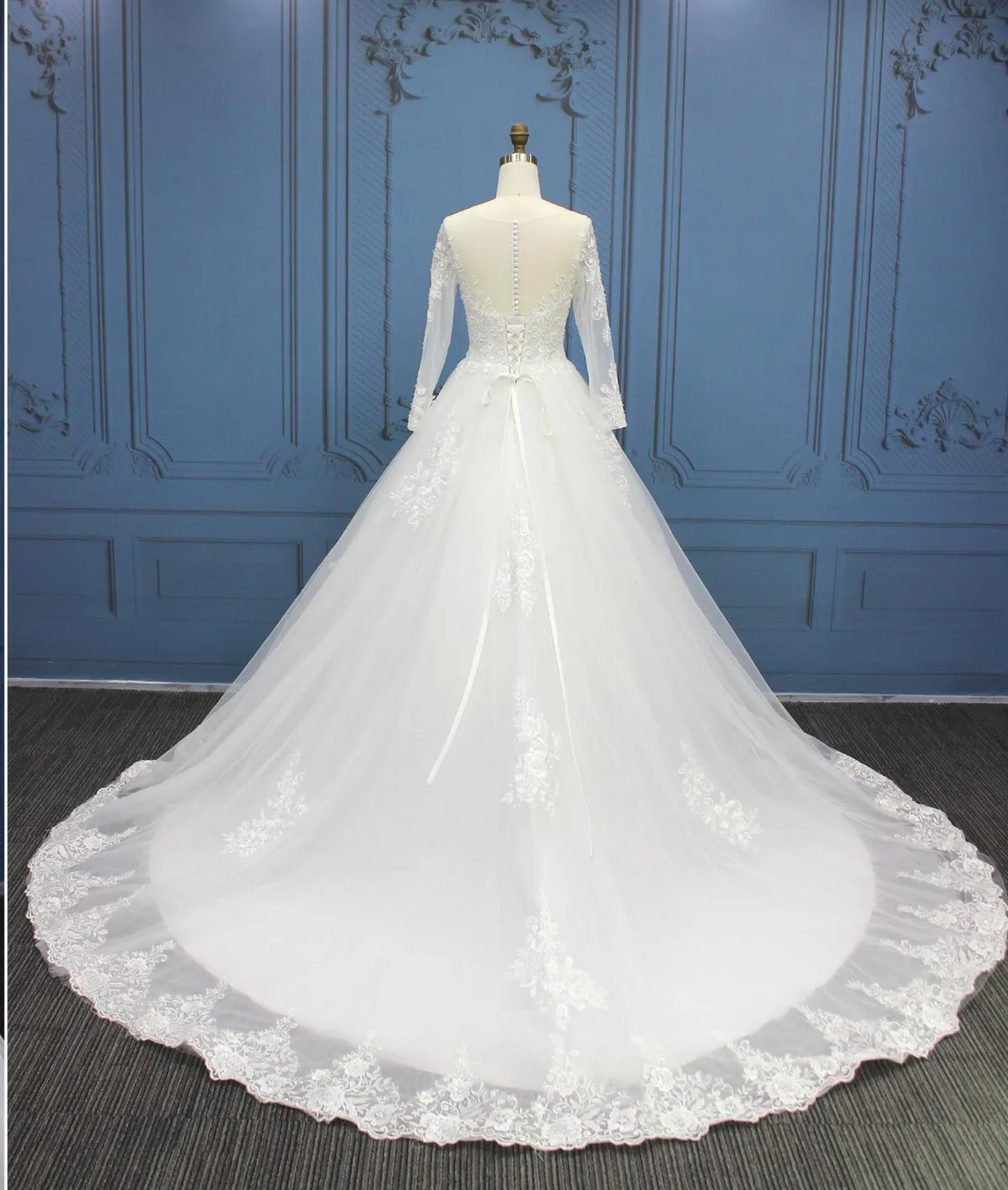 Traditional Lace A Line Sequined Illusion Back Bridal Wedding Gown