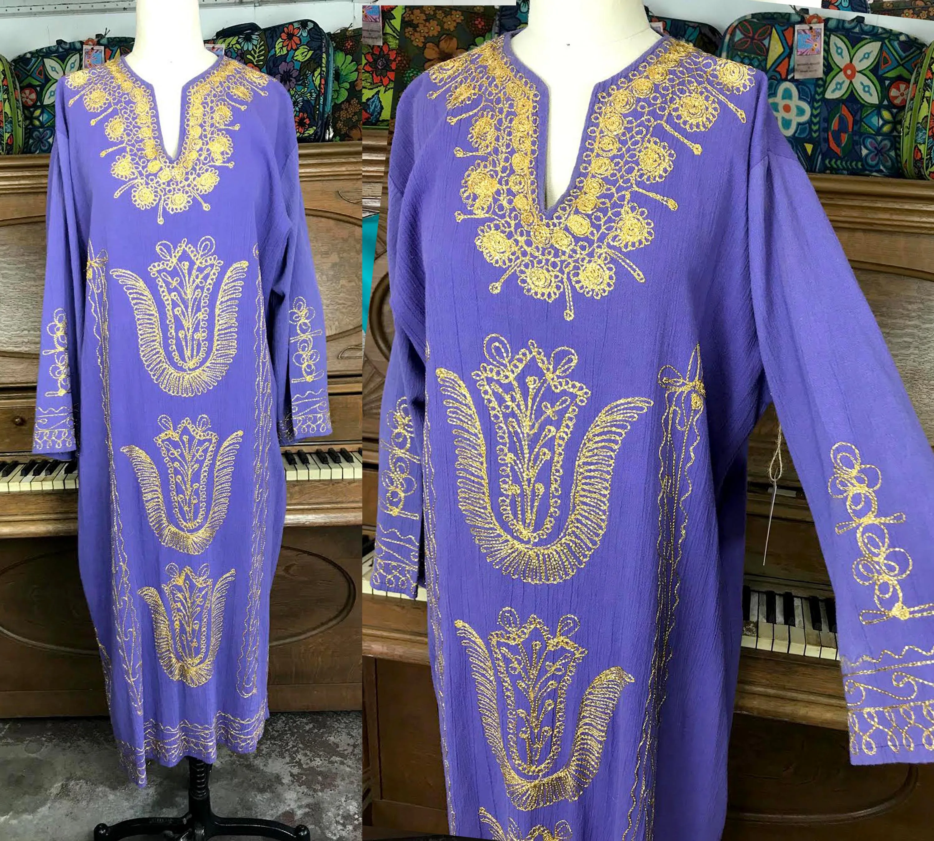 Vintage 70s | Purple Caftan Kaftan Muumuu Boho Hippie Dress | Free Size